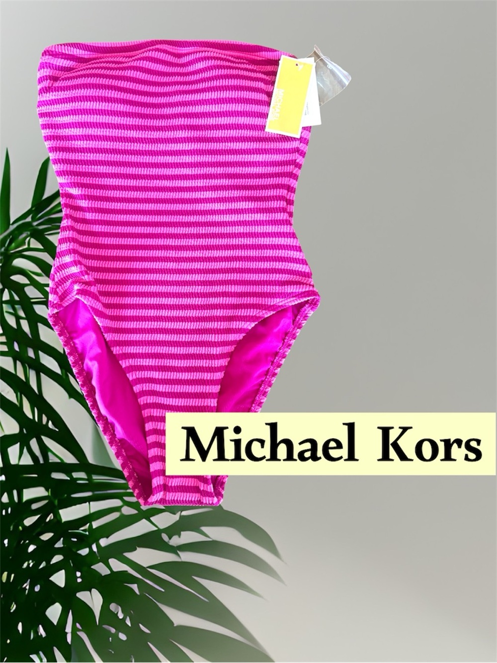 NWT Michael Kors Hot Pink Striped Ribbed One Piece Swimsuit Bandeau